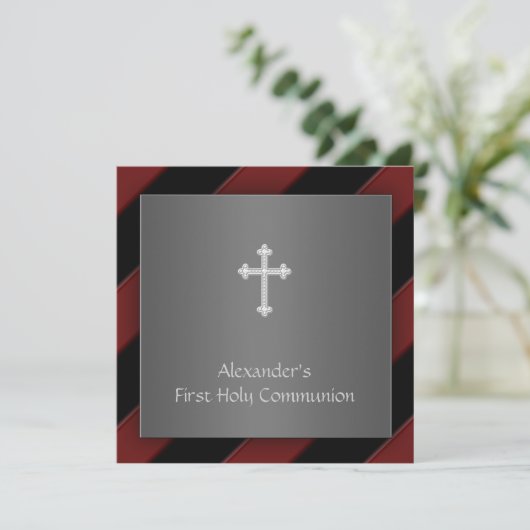 Black Red Stripe Boy First Communion Invitation (Debout devant)