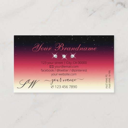 Black Red White gradiënt Sparkle Diamonds Initiale Visitekaartje (Achterkant)