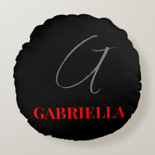 Black Red White Jouw naam Initiaal Monogram Rond Kussen