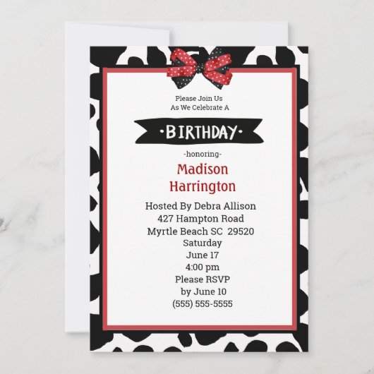 Black Red White Vache Imprimer Invitation Annivers (Devant)