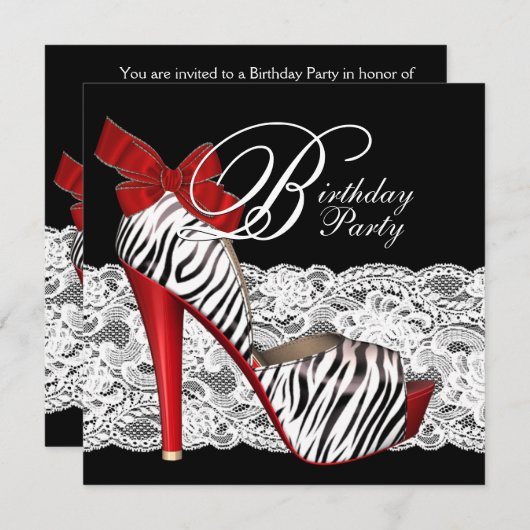 Black Red Zebra Anniversaire des invitations (Devant / Derrière)