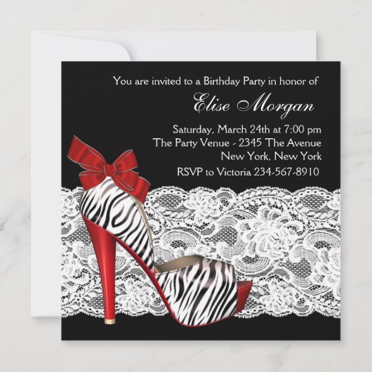 Black Red Zebra Anniversaire des invitations (Dos)