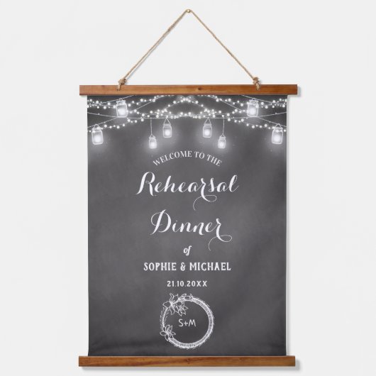 Black Rehearal Dinner Welcome String Lights Hangend Wandkleed (Voorkant)