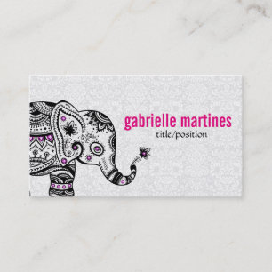 Black Retro Flowers & Elephant Pink Diamonds Visitekaartje