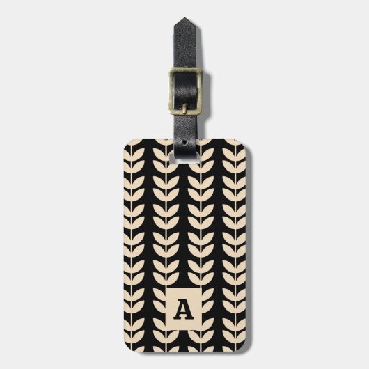 Black Retro Vibe Leaf Pattern Monogram Bagagelabel (Voorkant verticaal)
