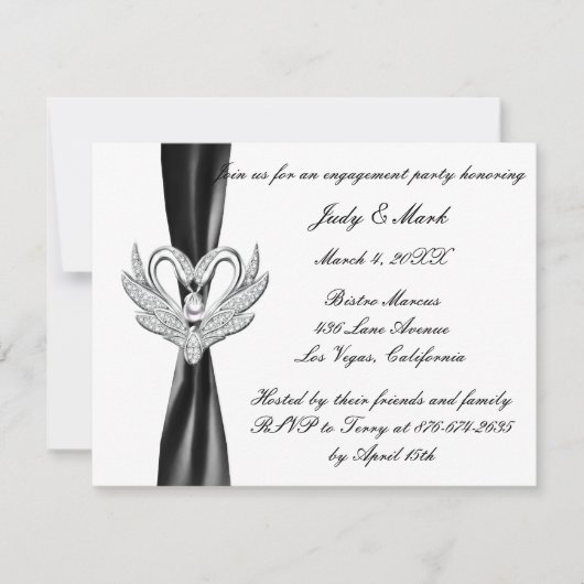 Black Ribbon Argent Swans Invitation de la partie (Devant)