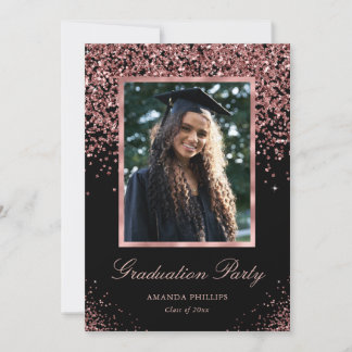 Black Roos Gold Glitter Photo Graduparty Kaart