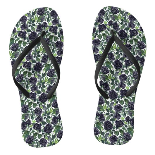 Black roses, green leaves watercolor pattern teenslippers (Voetbed)