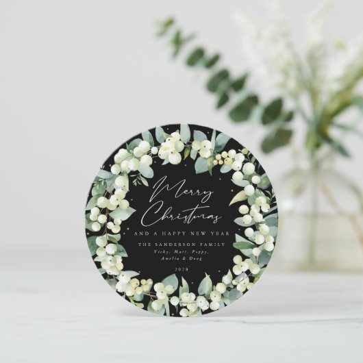 Black Round Snowberry+Eucalyptus Kerstmis Wreate Feestdagenkaart (Staand voorkant)
