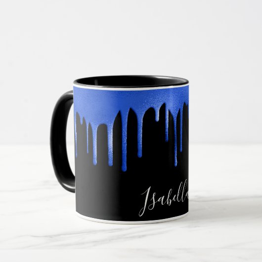 Black royal blue glitter drift name script mok (Voorkant links)