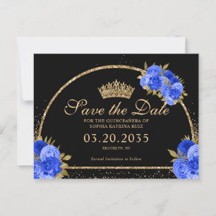 Black Royal Blue Glitter Floral Quinceanera Briefkaart