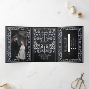 Black Royal Medieval Silver Sword Wedding Drieluik Uitnodiging