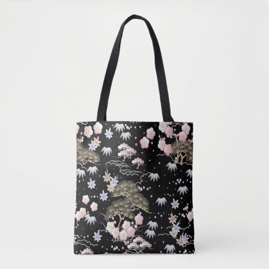 Black Roze Cherry Blossom Elegant Floral Pattern Draagtas (Voorkant)