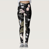 Black Roze Cherry Blossom Elegant Floral Pattern Leggings (Voorkant)
