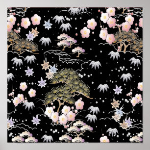 Black Roze Cherry Blossom Elegant Floral Pattern Poster