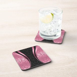 Black & Roze  Floral Damask Patroon Bier Onderzetter