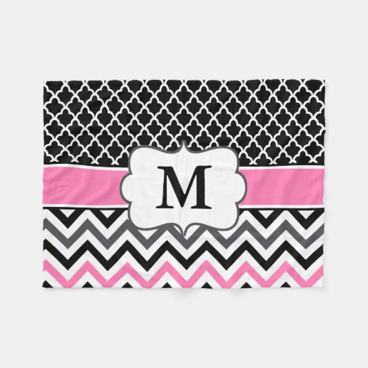 Black roze Quatrefoil Chevron Monogram Fleece Deken (Voorkant (Horizontaal))