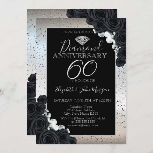 Black Rozen Silver Confetti Wedding Jubileum Kaart (Voorkant / Achterkant)