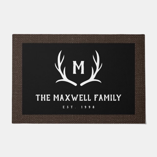Black Rustic Antler Monogram Faux Burlap Border Deurmat (Voorkant)