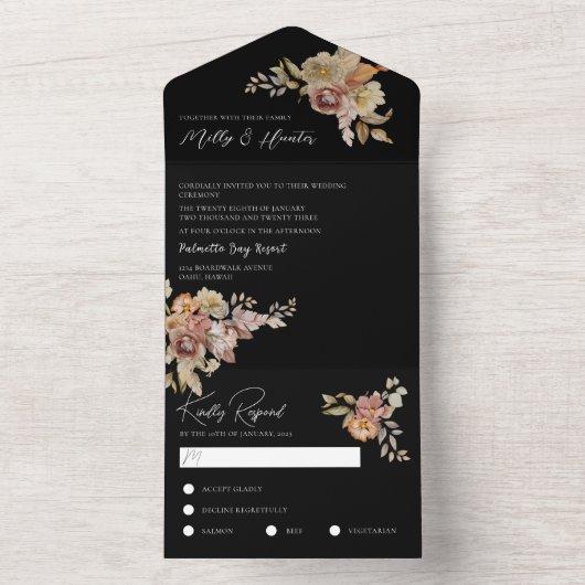 Black Rustic Floral All in One Wedding Invite All In One Uitnodiging (Binnen)