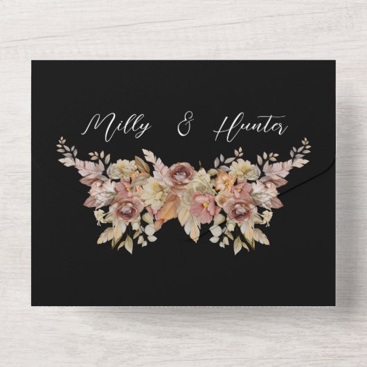 Black Rustic Floral tout en un mariage Invitation (Verso)