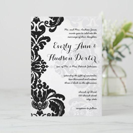 Black Rustic Luxe  Damask Wedding Kaart (Staand voorkant)