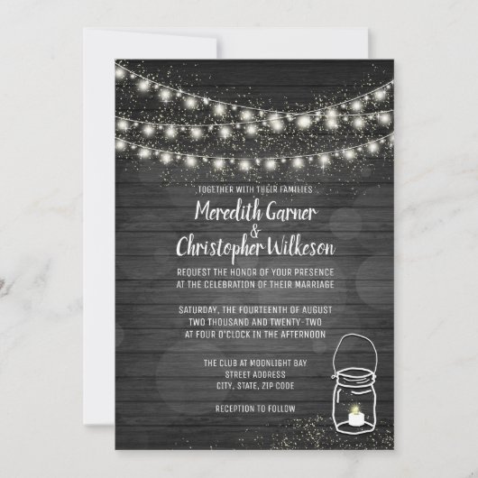 Black Rustic Mason Jar Lights Wedding Kaart (Voorkant)