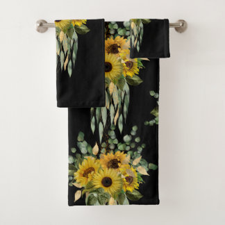 BLACK SAGE GREEN SUNFLOWER BATHROOM TOWEL SET BAD HANDDOEK