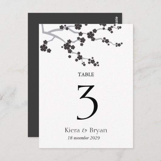 Black Sakura Cherry Blossom Zen Table Number Card Briefkaart (Voorkant / Achterkant)