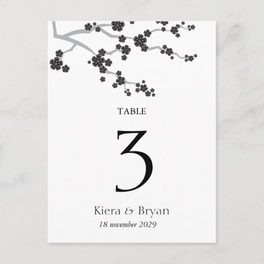Black Sakura Cherry Blossom Zen Table Number Card Briefkaart (Voorkant)