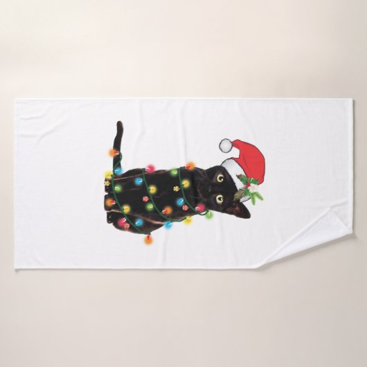 Black Santa Cat Tangled Up (Serviette de bain)