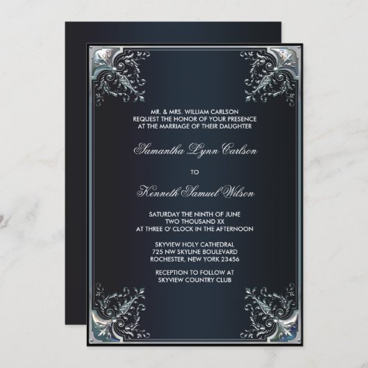 Black Satin Cravate Noir Invitations de mariage (Devant / Derrière)