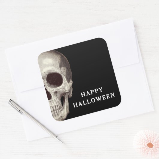 Black Scary Skull Happy Halloween Vierkante Sticker (Envelop)