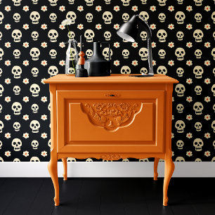 Black Schedel en Bloemen Halloween Behang