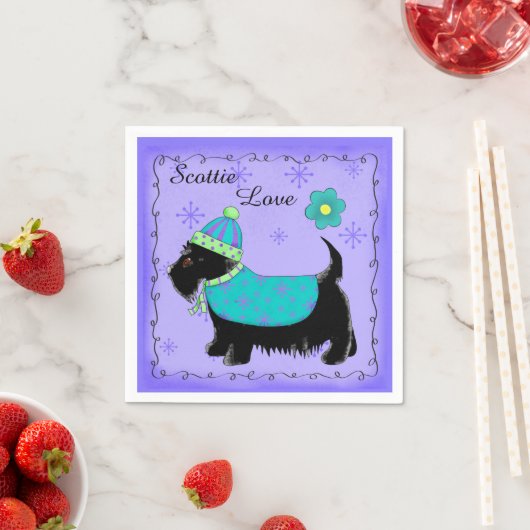 Black Scottie Dog Clothed Love Paarse Servetten (Insitu)