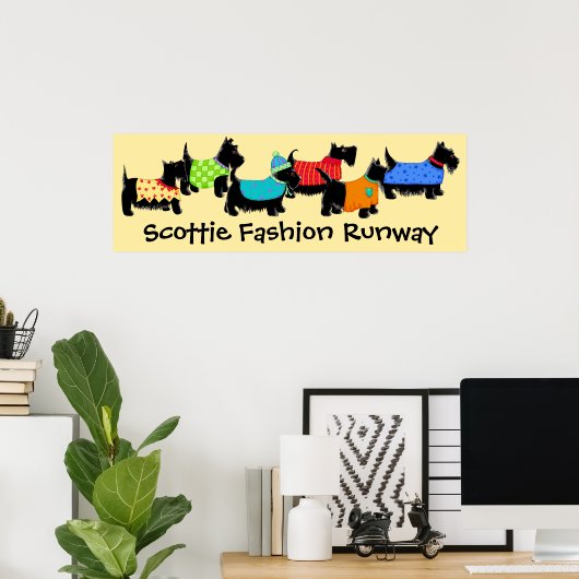Black Scottie Dogs Mode Runway Art Yellow Poster (Thuiskantoor)