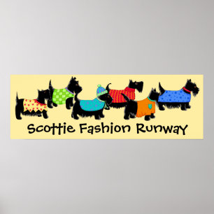 Black Scottie Dogs Mode Runway Art Yellow Poster