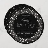 Black Script Font Peace Love+Joy Sparing Lights Feestdagenkaart (Voorkant / Achterkant)