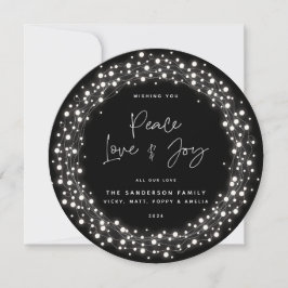 Black Script Font Peace Love+Joy Sparing Lights Feestdagenkaart