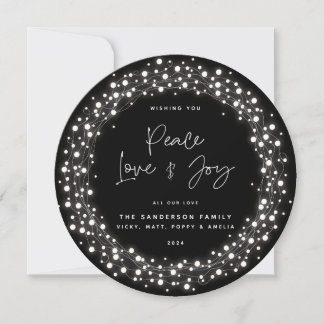 Black Script Font Peace Love+Joy Sparing Lights Feestdagenkaart