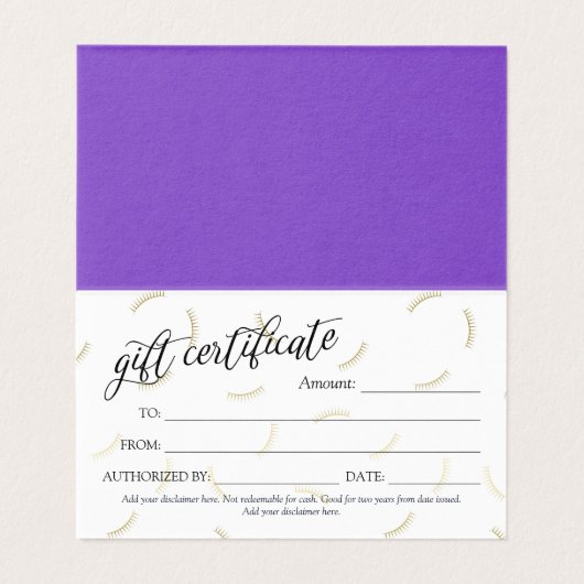 Black Script & Gold Lashes Purple Cadeau Certifica (Inside Unfolded)