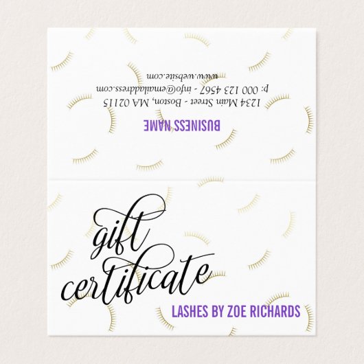 Black Script & Gold Lashes Purple Cadeau Certifica (Outside Unfolded)