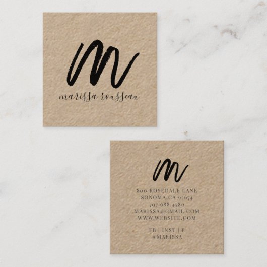 Black Script Initiaal Kraft Square Calling Card Vierkante Visitekaartje (Voorkant / Achterkant)