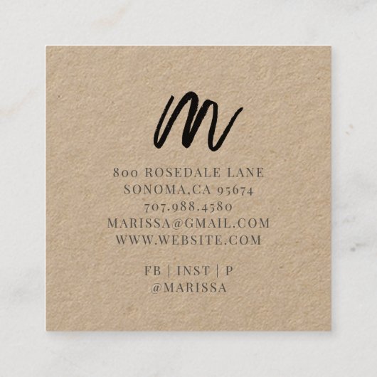 Black Script Initiaal Kraft Square Calling Card Vierkante Visitekaartje (Achterkant)