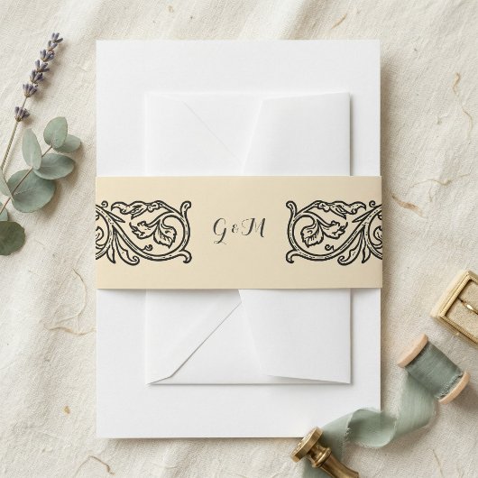 Black Scroll Monogrammed Elegant Invitation  Uitnodigingen Wikkel