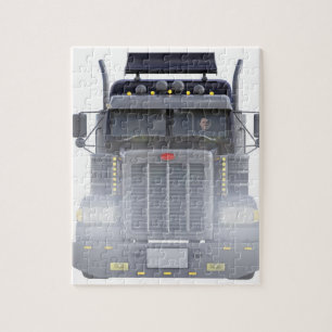 Black Semi Truck met lampjes aan voorzijde Uitzich Legpuzzel