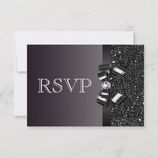 Black Sequins, Bow & Diamond RSVP Wedding Kaartje (Voorkant)