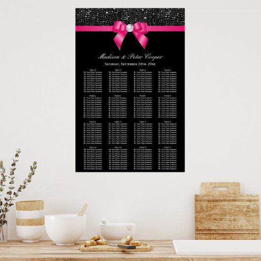 Black Sequins Hot Pink Bow Wedding Seating Chart Poster (Keuken)