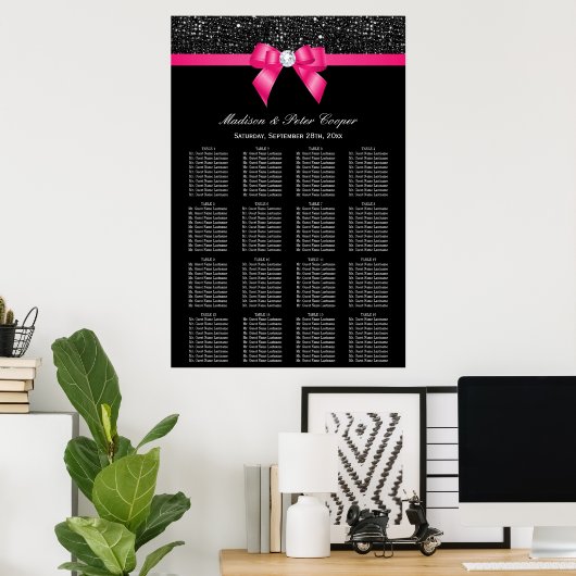 Black Sequins Hot Pink Bow Wedding Seating Chart Poster (Thuiskantoor)