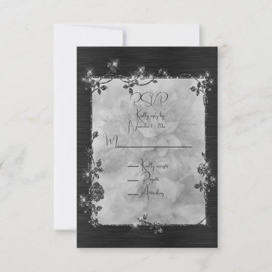 Black Shiny Elegant Sparkly Frame RSVP Kaartje (Voorkant)